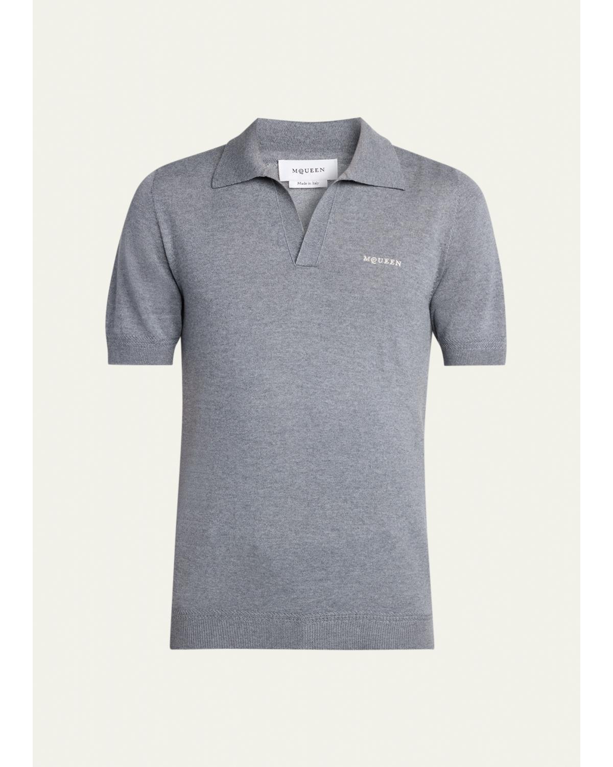 Men'S Wool Knit Johnny Collar Short-Sleeve Polo Sweater