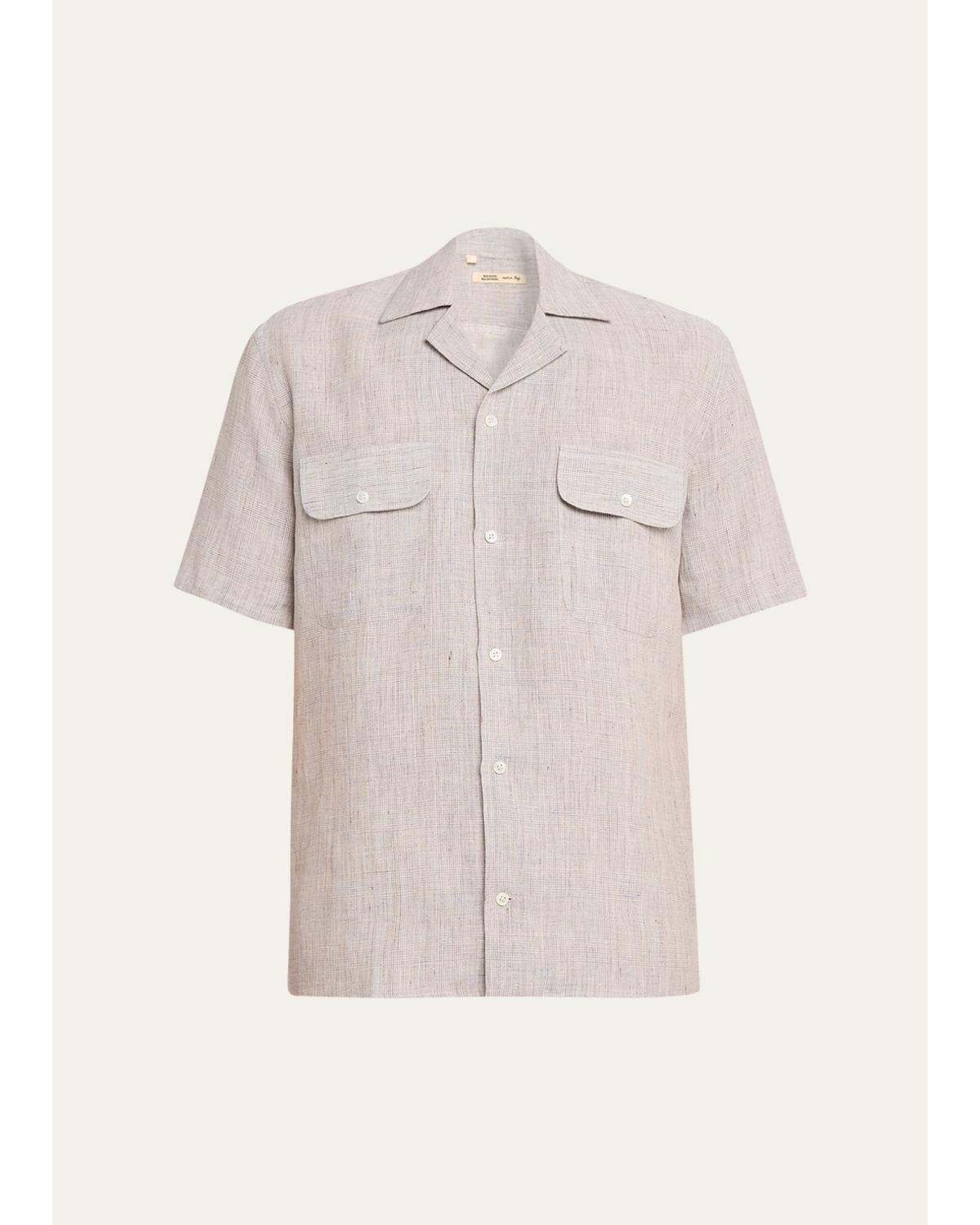 Men'S Linen Micro-Plaid Flap-Pocket Bowling Shirt