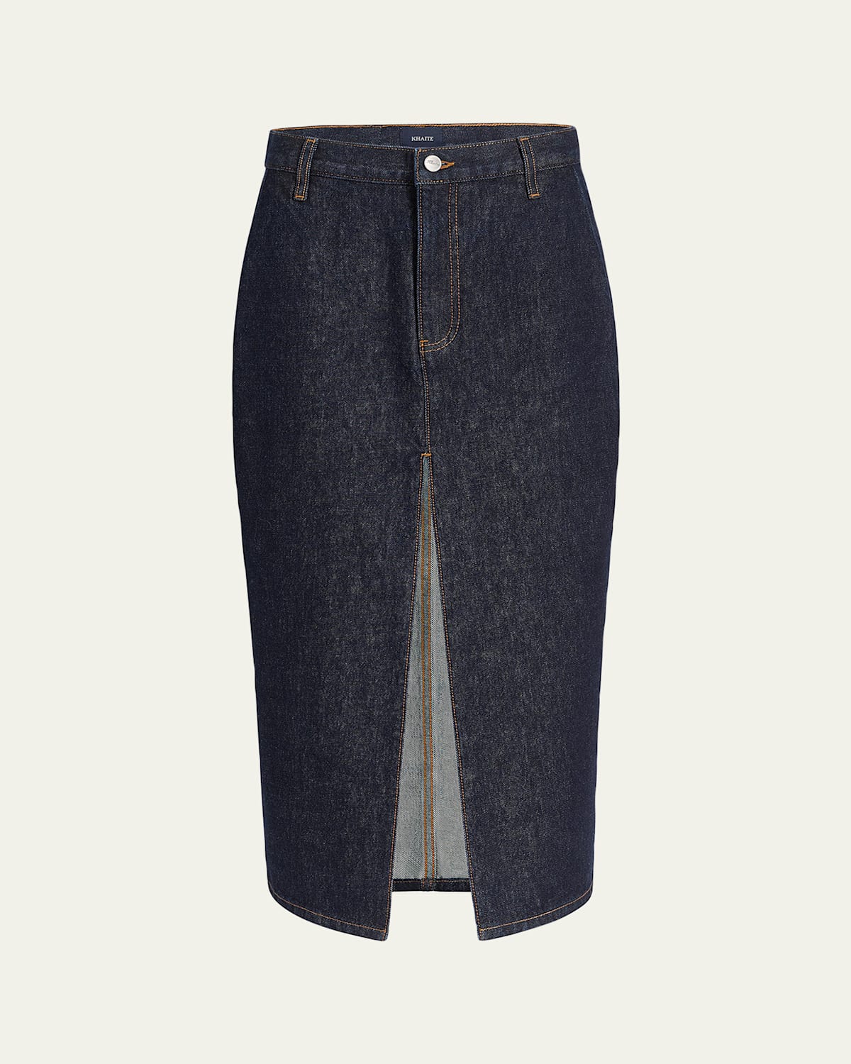 Khaite Anden Pleated Denim Slit Midi Skirt In Blue