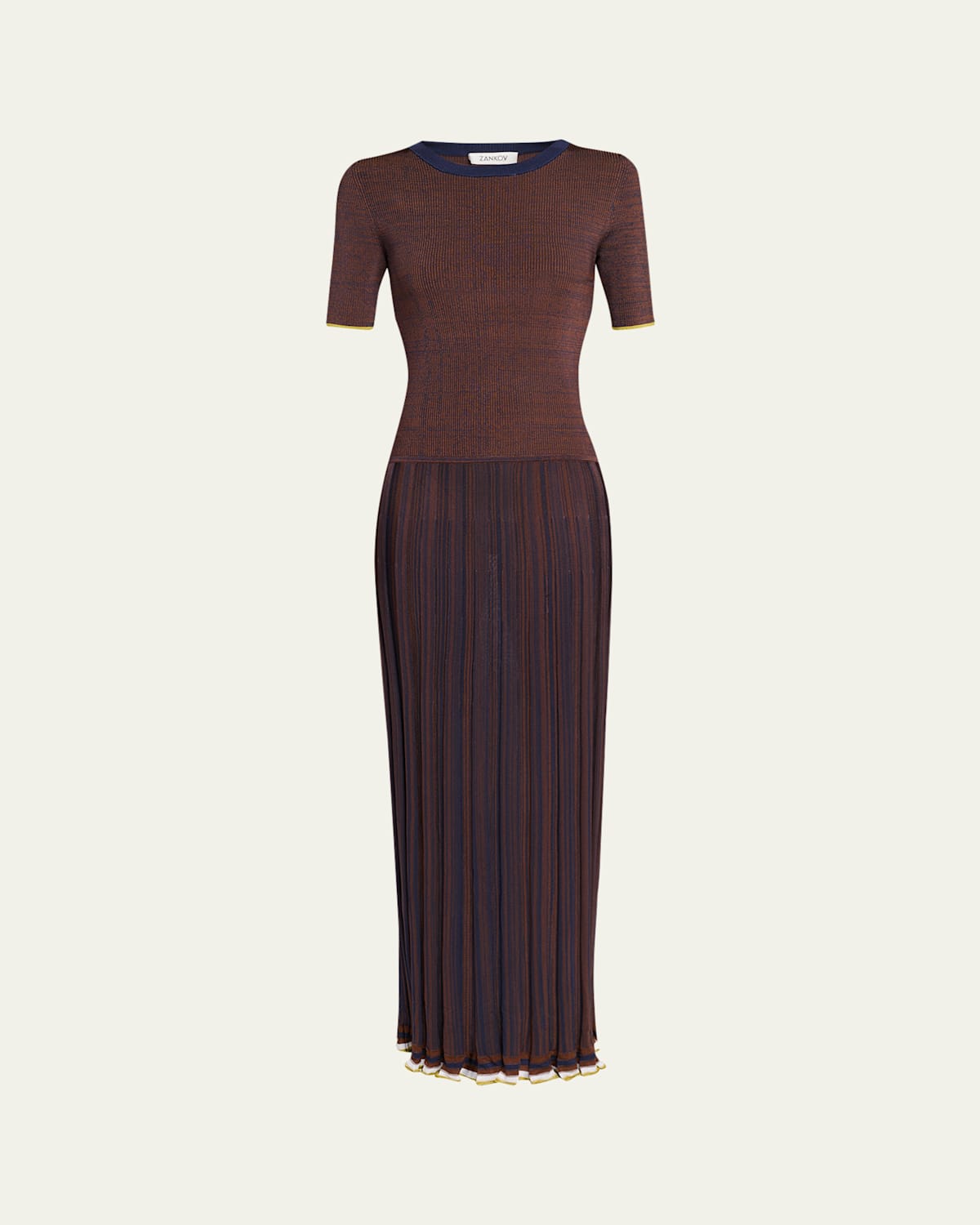 Zankov Gago Fine Rib Short-sleeve Maxi Dress In Brown/midnight