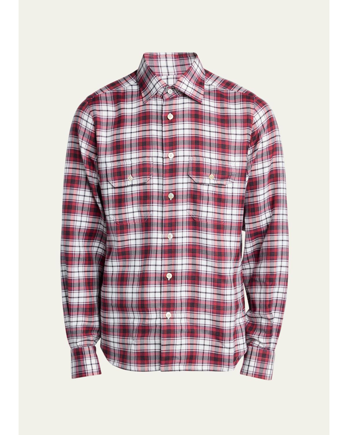 Men'S Cotton And Cashmere Plaid Double-Pocket Button-Down Shirt