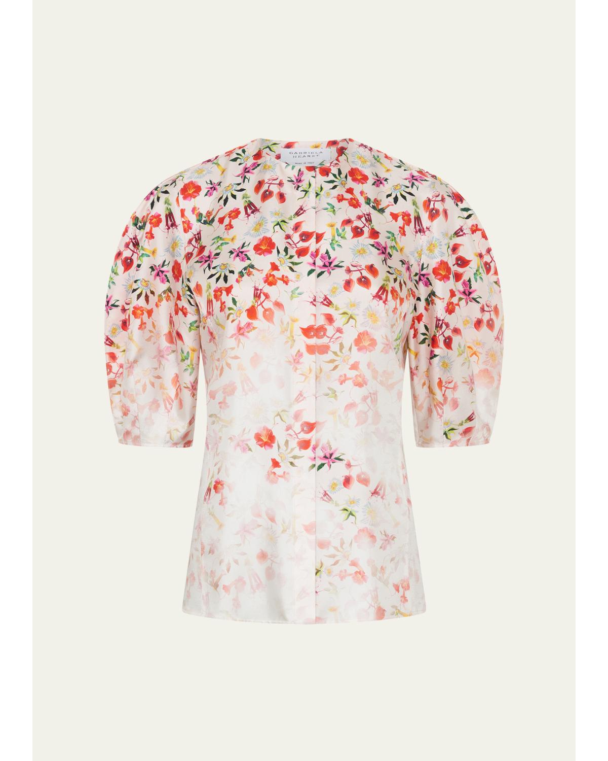 Edify Degrade Floral Silk Puff-Sleeve Top