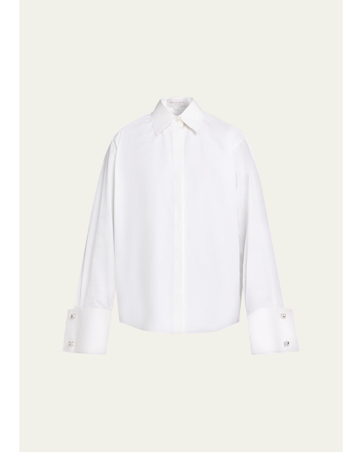 Crystal-Cufflink Frayed Cotton Button-Down Shirt
