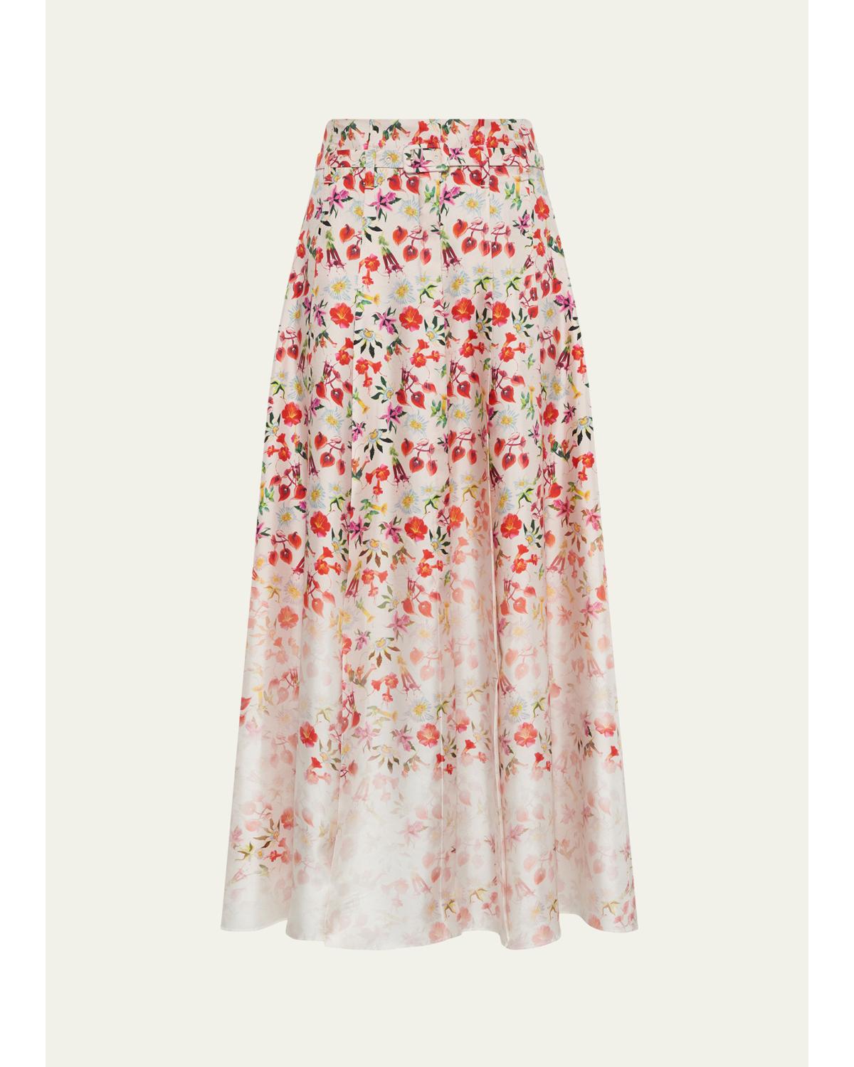 Dugald Degrade Floral Silk Pleated Midi Skirt With Belt