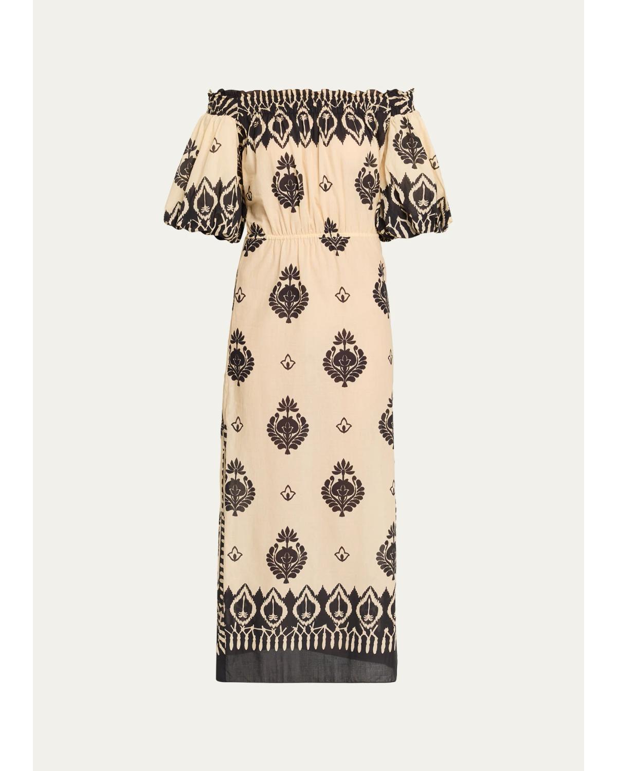 Harbor Hues Off-The-Shoulder Cotton Ankle Dress