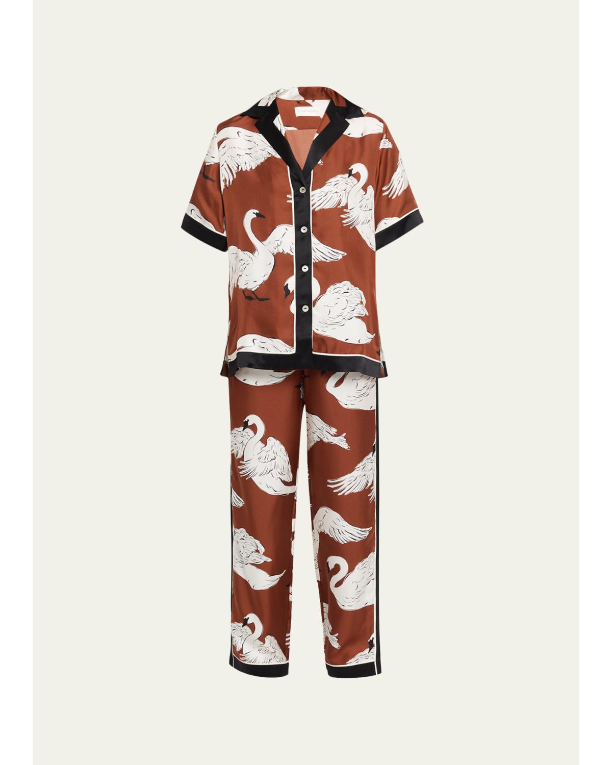 Olivia von Halle Tilda Ines Swan-Print Silk Twill Pajama Set