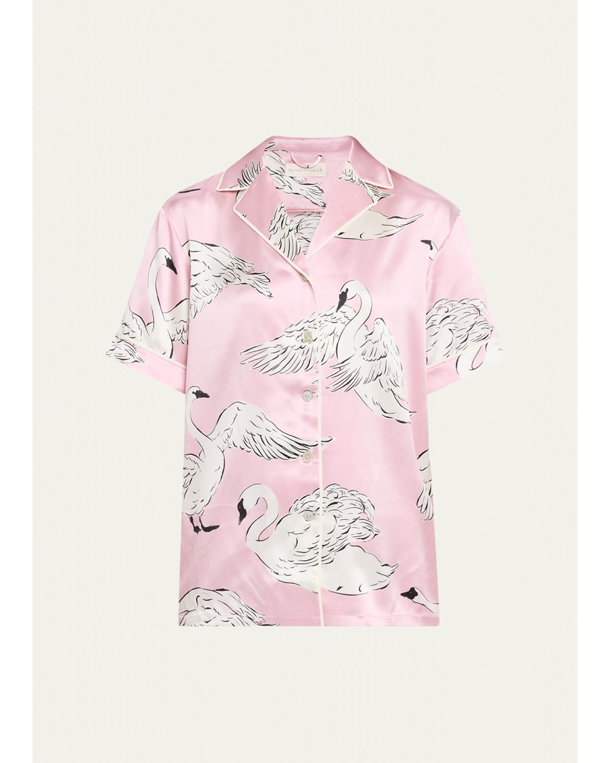 Olivia von Halle Ingo Selene Swan-Print Silk Satin Pajama Set