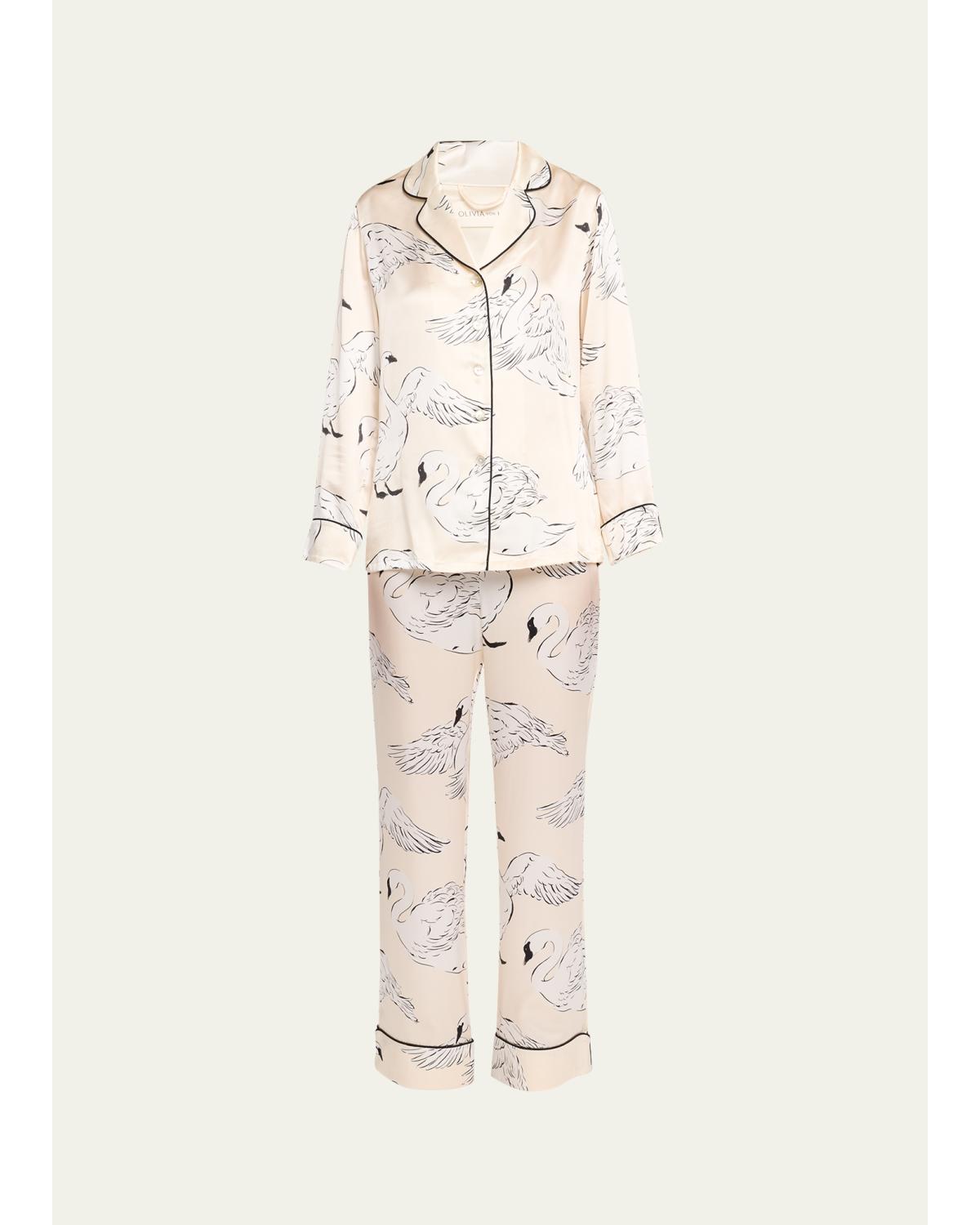 Olivia von Halle Lila Blanca Swan-Print Silk Satin Pajama Set
