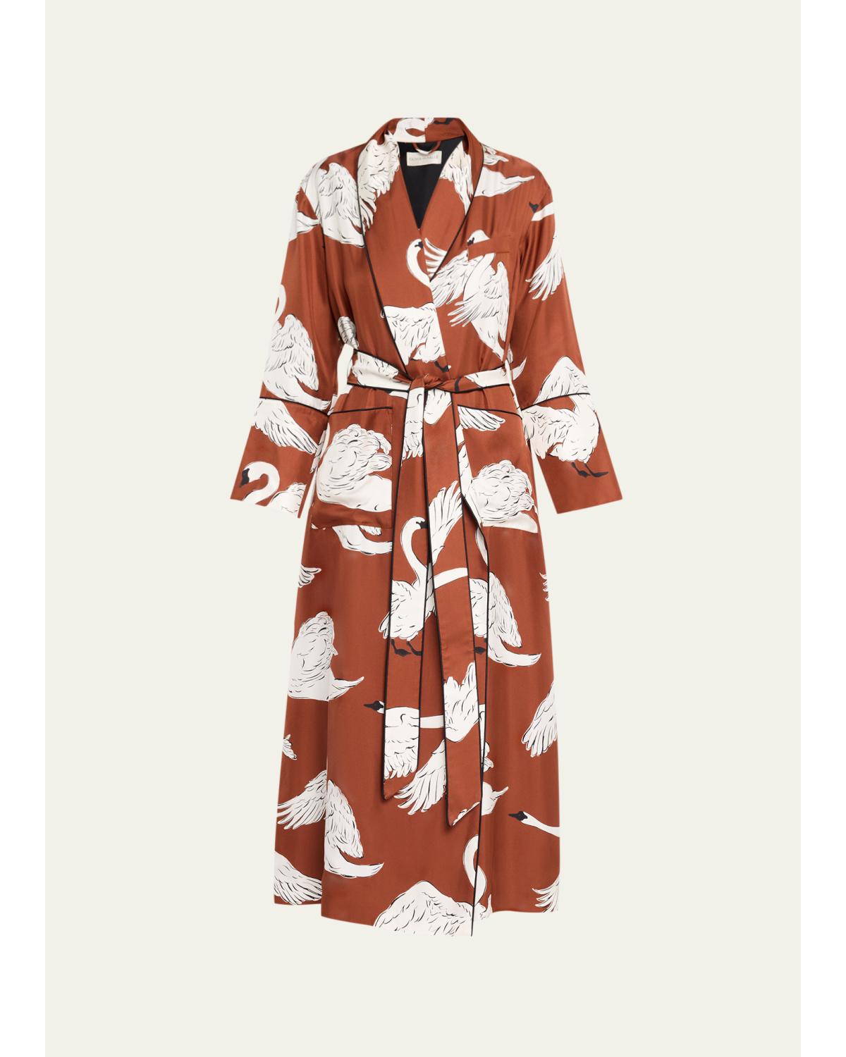 Olivia von Halle Capability Swan-Print Silk Robe