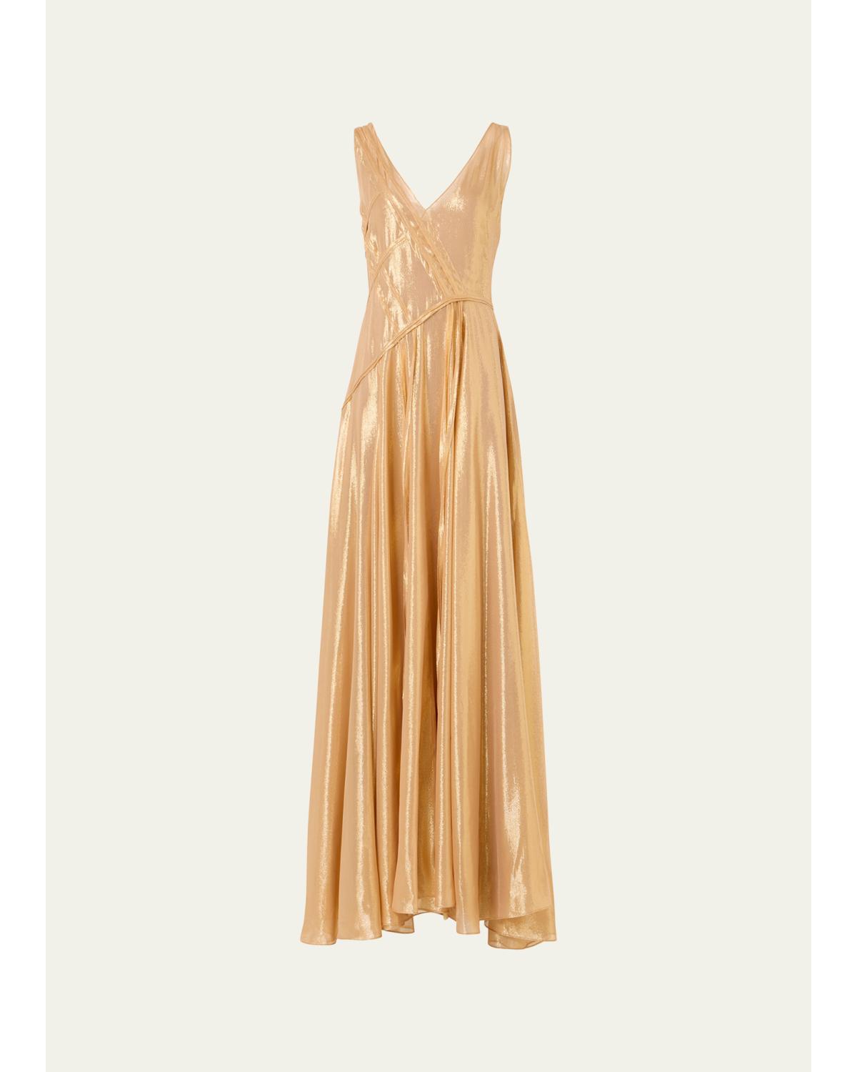 Akris Sleeveless Asymmetric Paneled Lamé Silk Gown In Gold