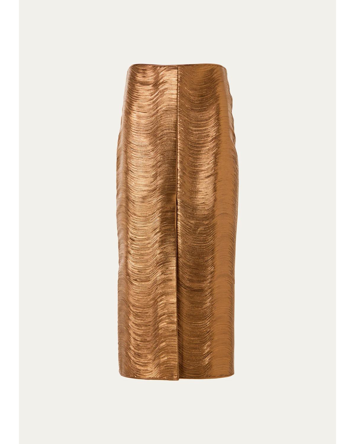 Lame Nappa Leather Midi Pencil Skirt