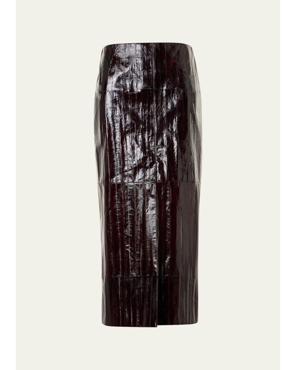 Lacquered Eel Leather Slit Midi Pencil Skirt