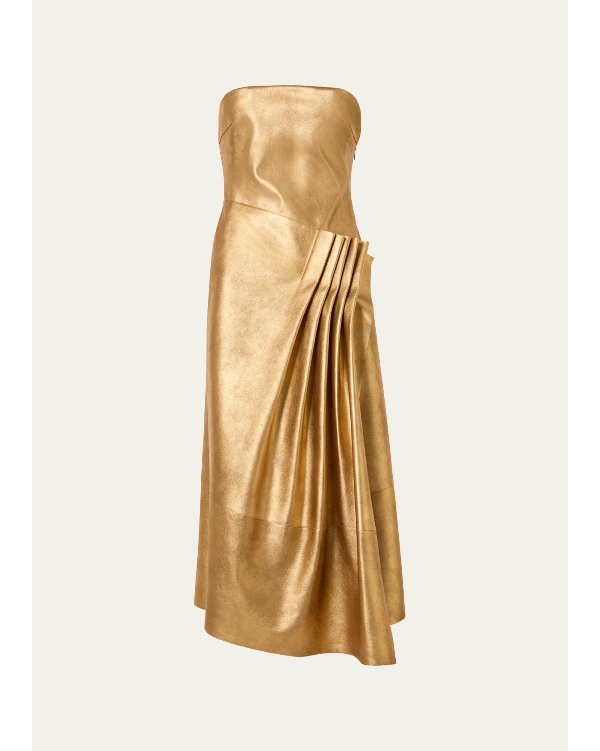 Akris Strapless Asymmetric Gathered Lamé Nappa Leather Midi Bustier Gown In Gold