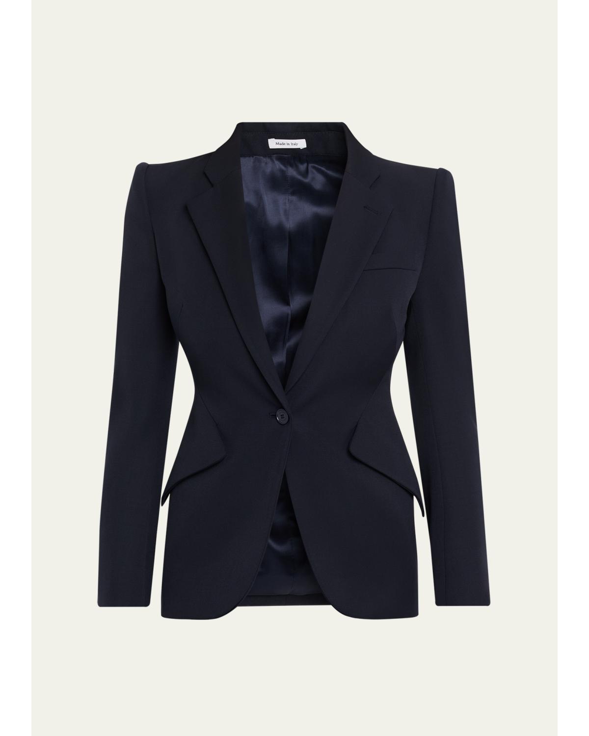 Peaked Shoulder Crepe Single-Button Jacket