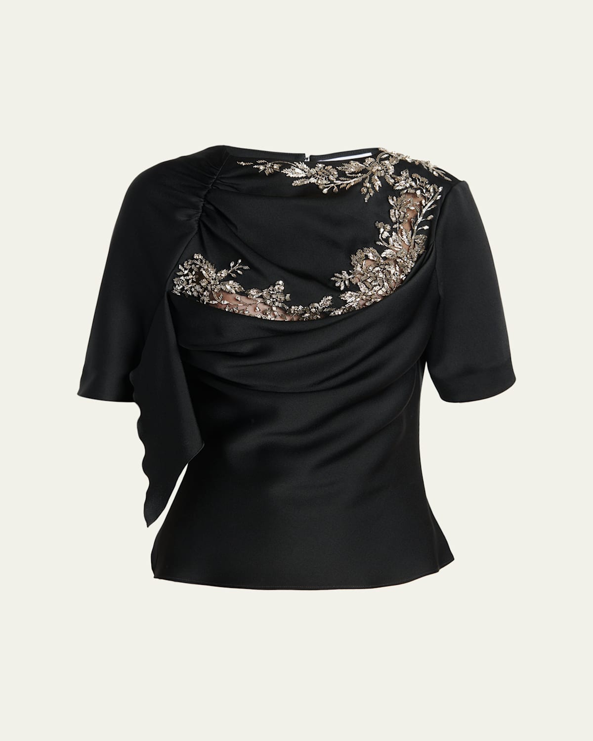 Alexander Mcqueen Embroidered Lace Draped Silk Top In Black