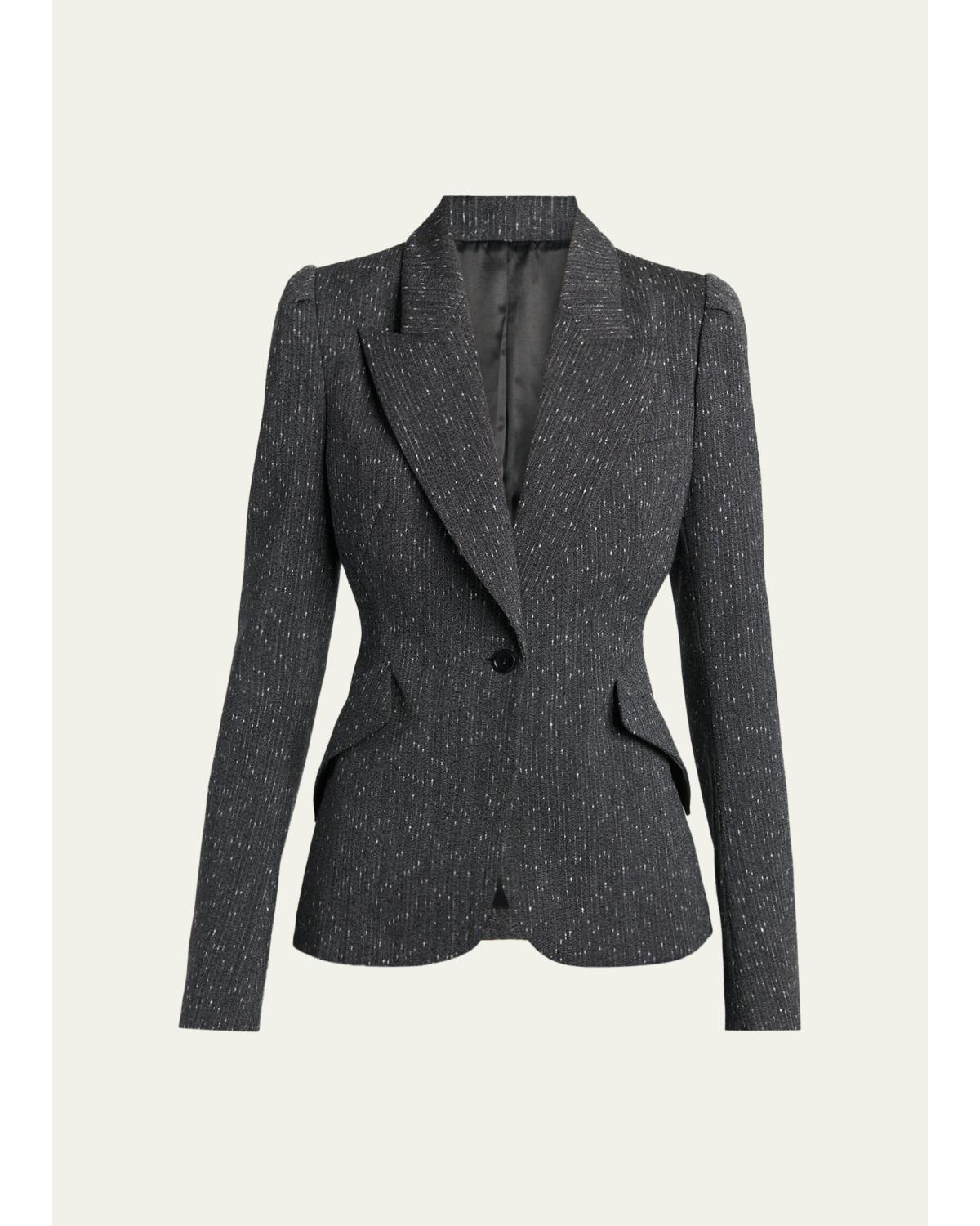 Pinstripe Wool Puff-Sleeve One-Button Jacket