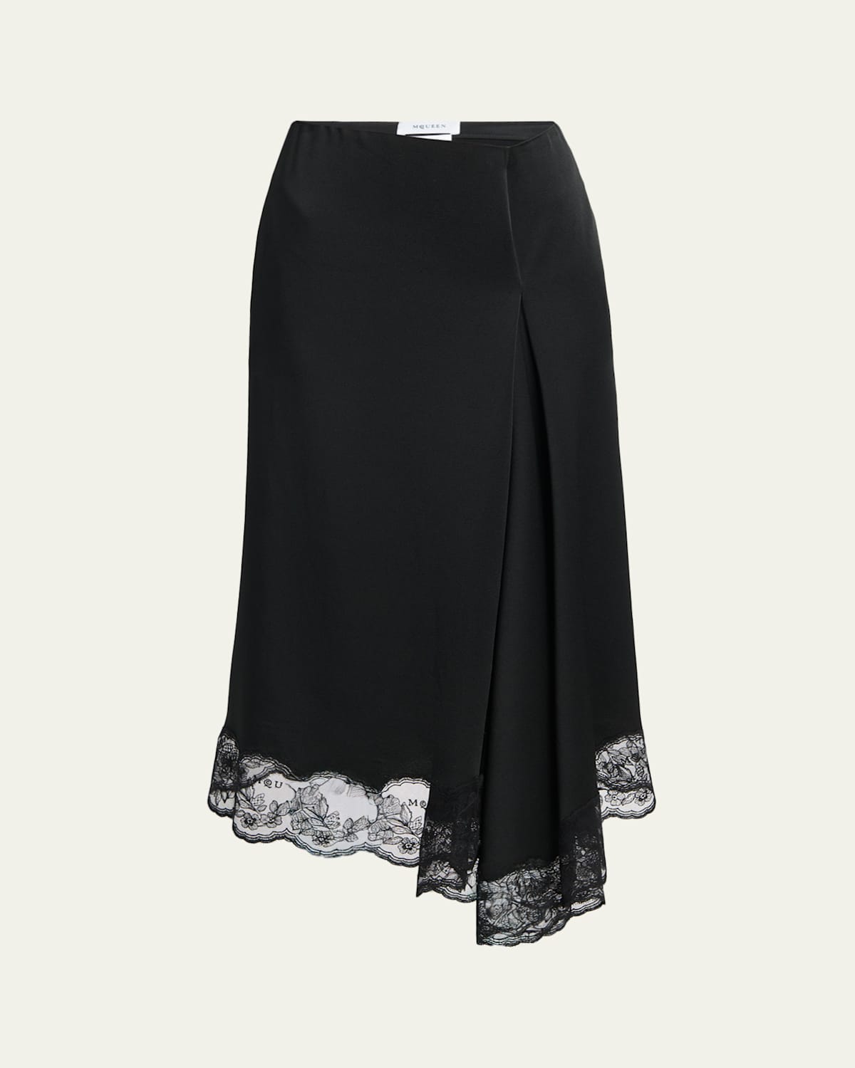 Alexander Mcqueen Asymmetric Lace-trim Satin Midi Skirt In Black