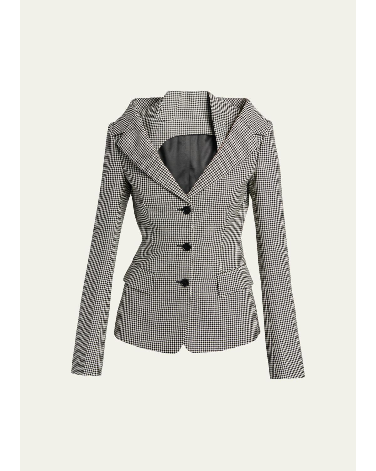 Gingham Off-The-Shoulder Single-Breasted Jacket