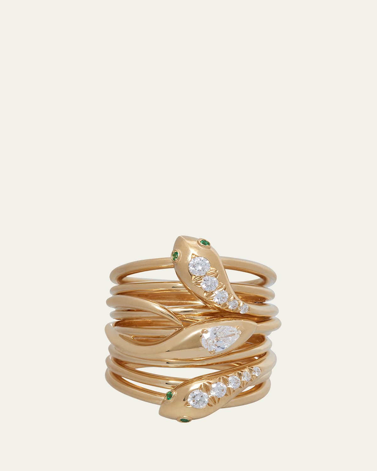 Sidney Garber 18K Yellow Gold Serpentine Ring with Diamonds and Emeralds