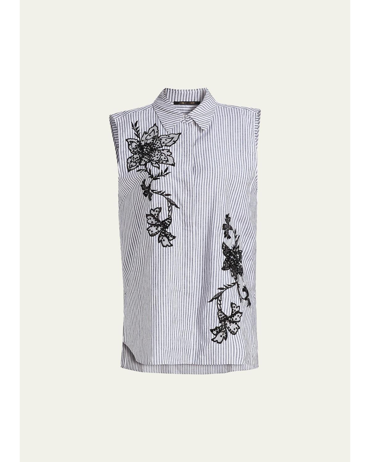 Aerin Striped Floral-Embroidered Blouse