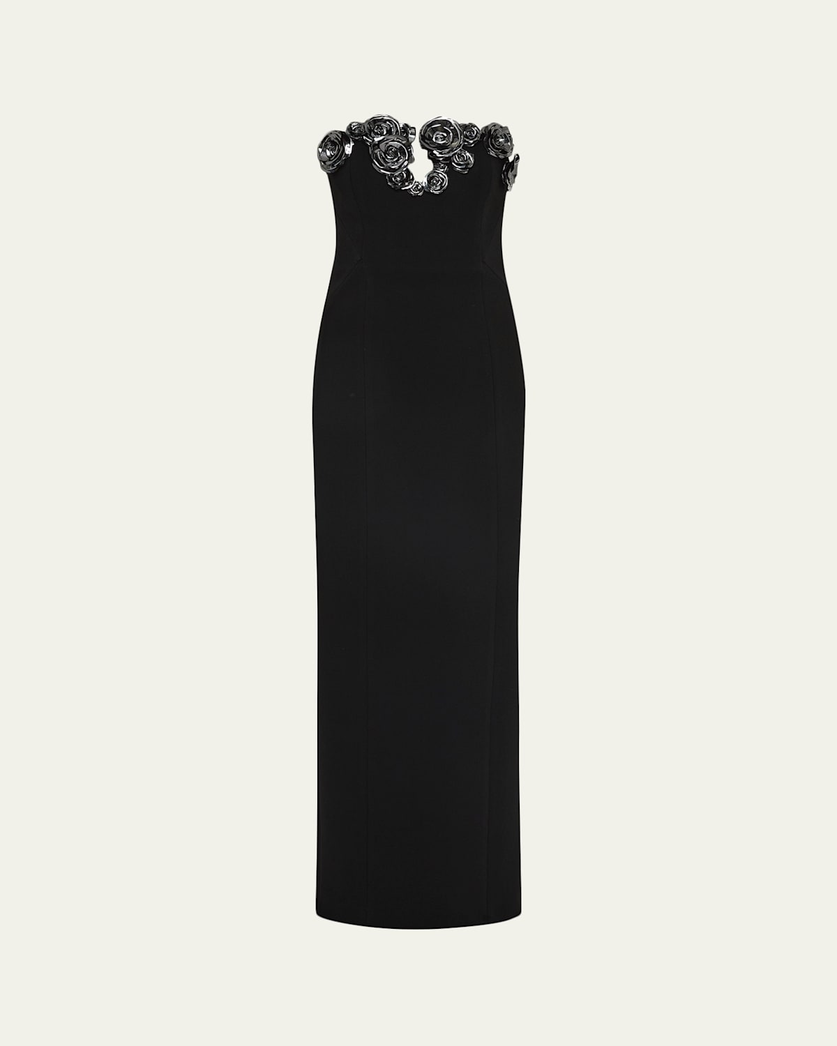 Rachel Gilbert Mirage Floral-embellished Strapless Column Gown In Black