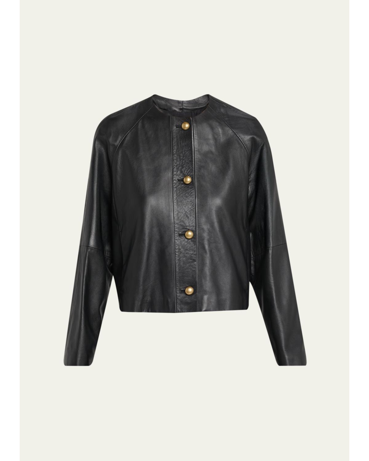 Raglan-Sleeve Leather Single-Breasted Jacket
