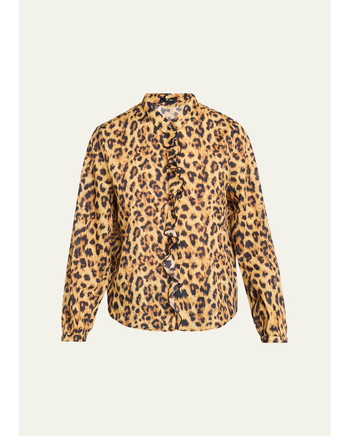 Leopard-Print Cotton Ruffle Blouse