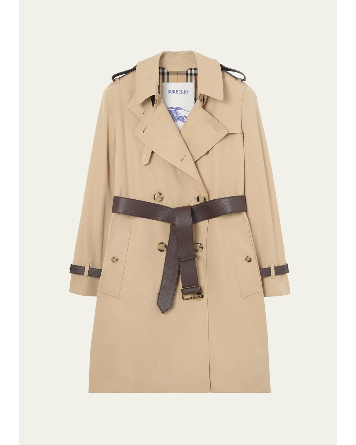 Kensington Leather-Trim Double-Breasted Trench Coat