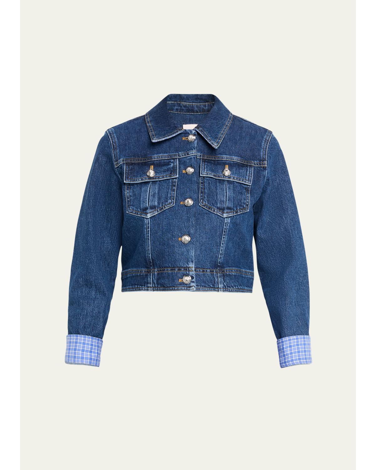 Lexie Gingham-Cuff Cropped Denim Jacket