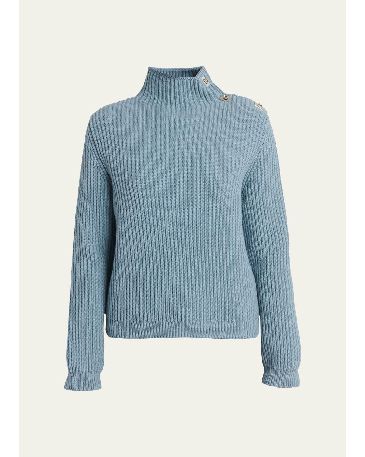 Gancini Clasp Shoulder Wool Turtleneck Sweater