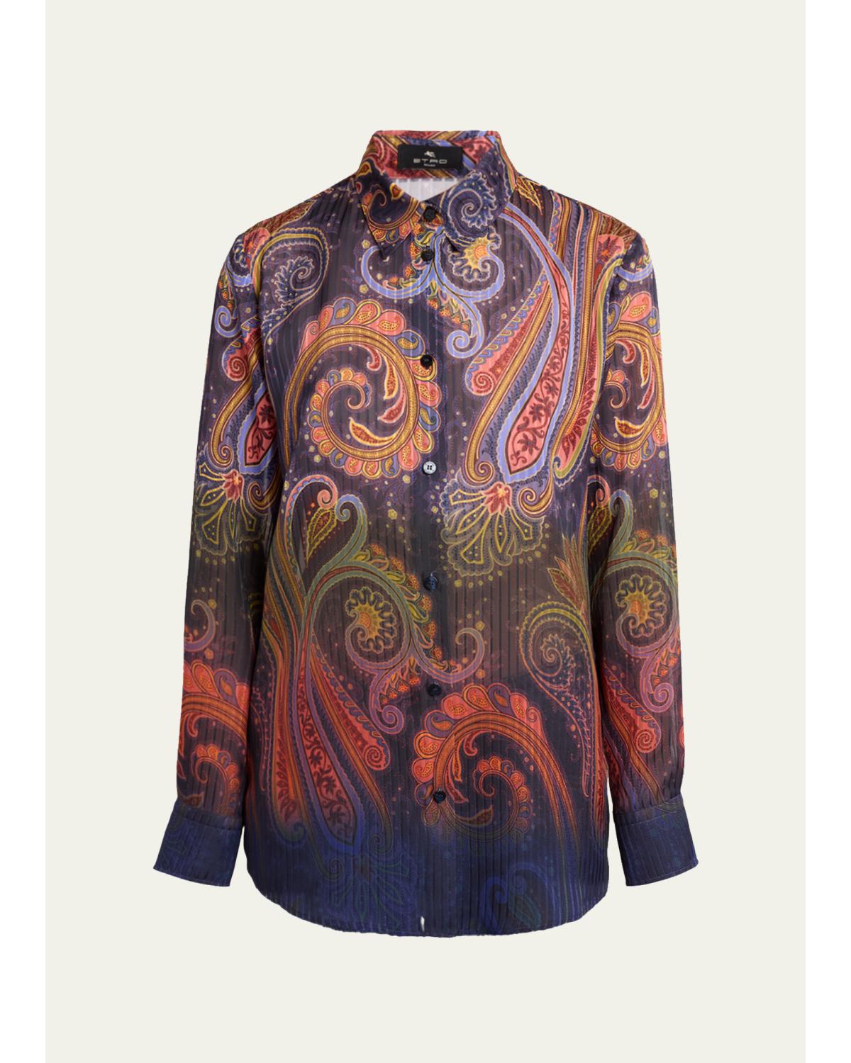 Ombre Paisley-Print Chiffon Button-Down Shirt