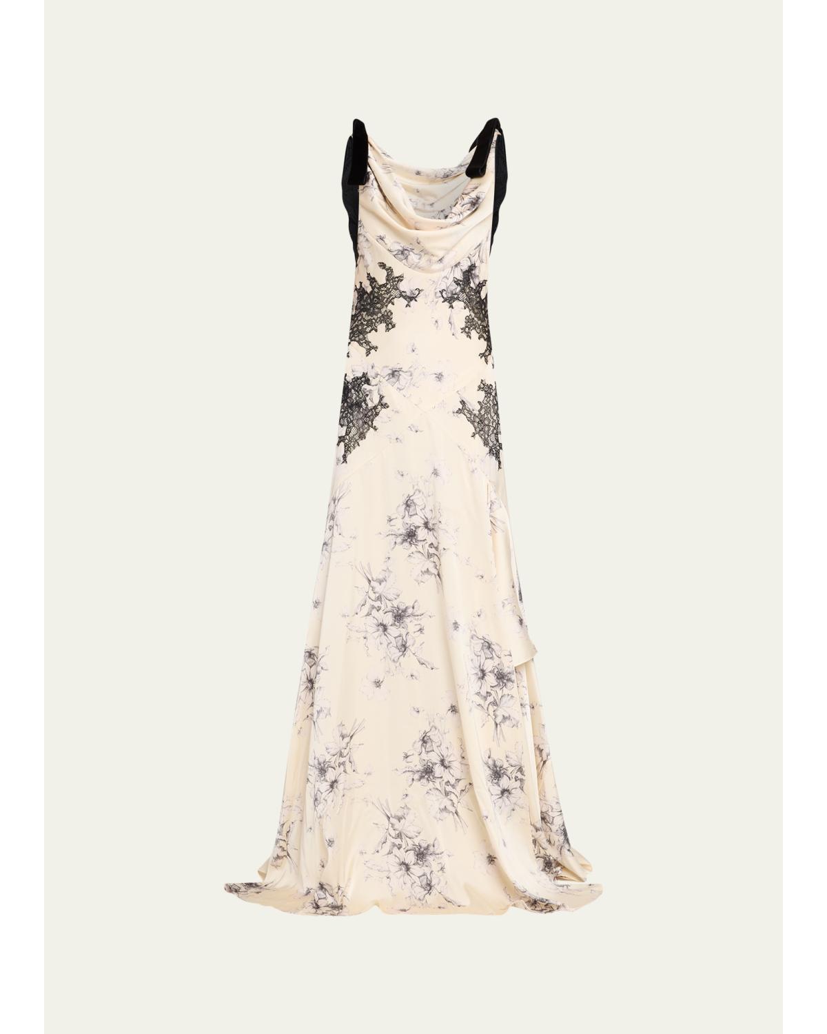 Hand-Sketched Floral Cowl-Neck Gown