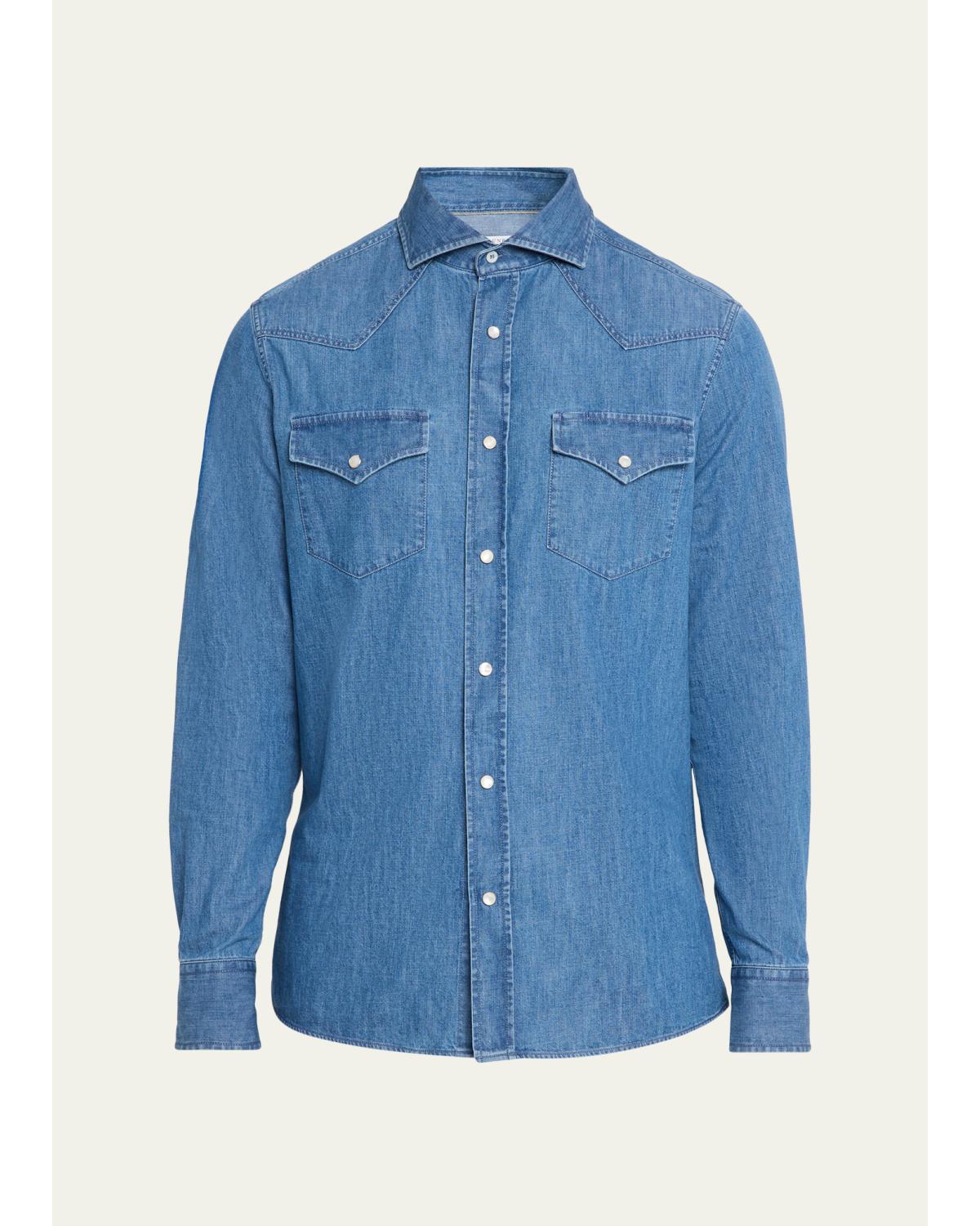 Men'S Denim Flap-Pocket Western Sport Shirt