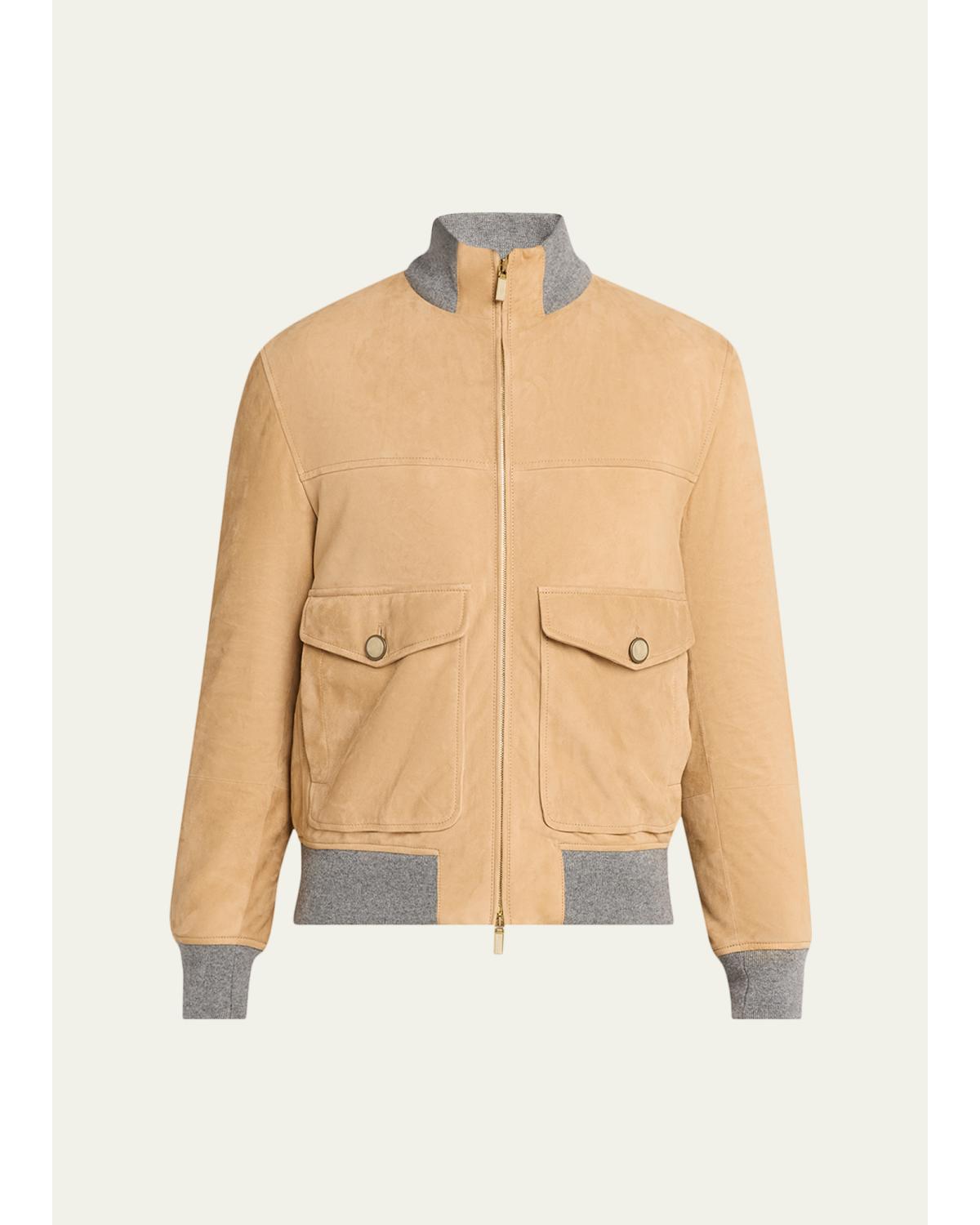 Men'S Suede Knit-Trim Bomber Jacket