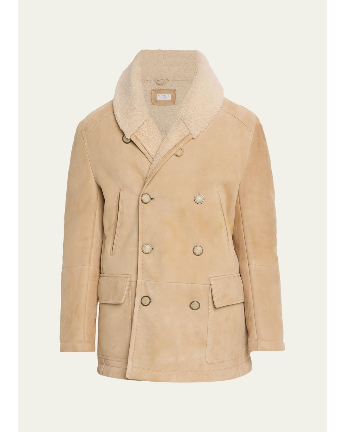 Men'S Shearling Double-Breasted Shearling Aviator Coat