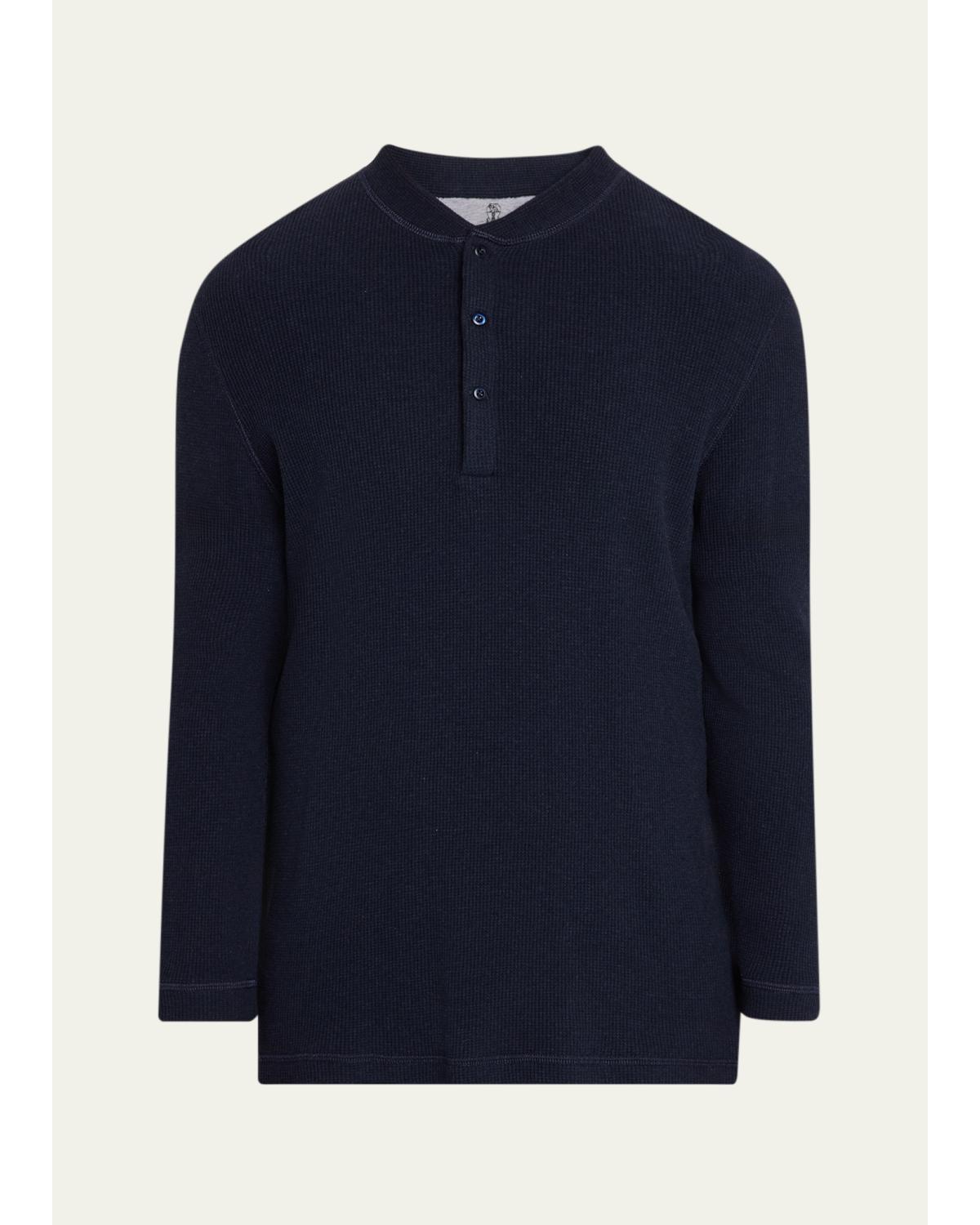 Men'S Cashmere And Cotton Waffle-Knit Long-Sleeve Henley T-Shirt