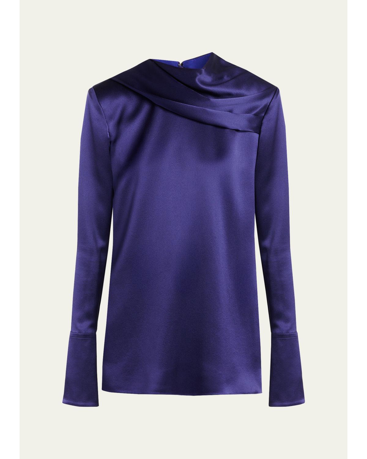 Draped Silk Long-Sleeve Tunic Blouse