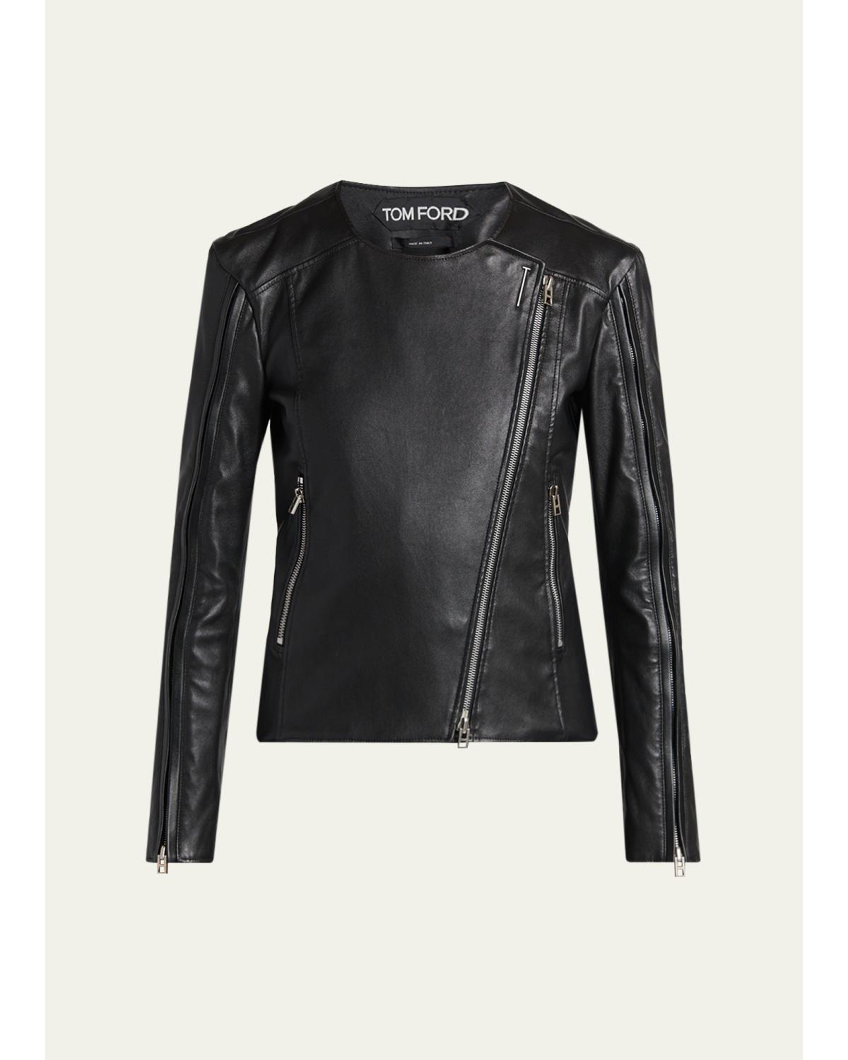 Collarless Leather Moto Jacket