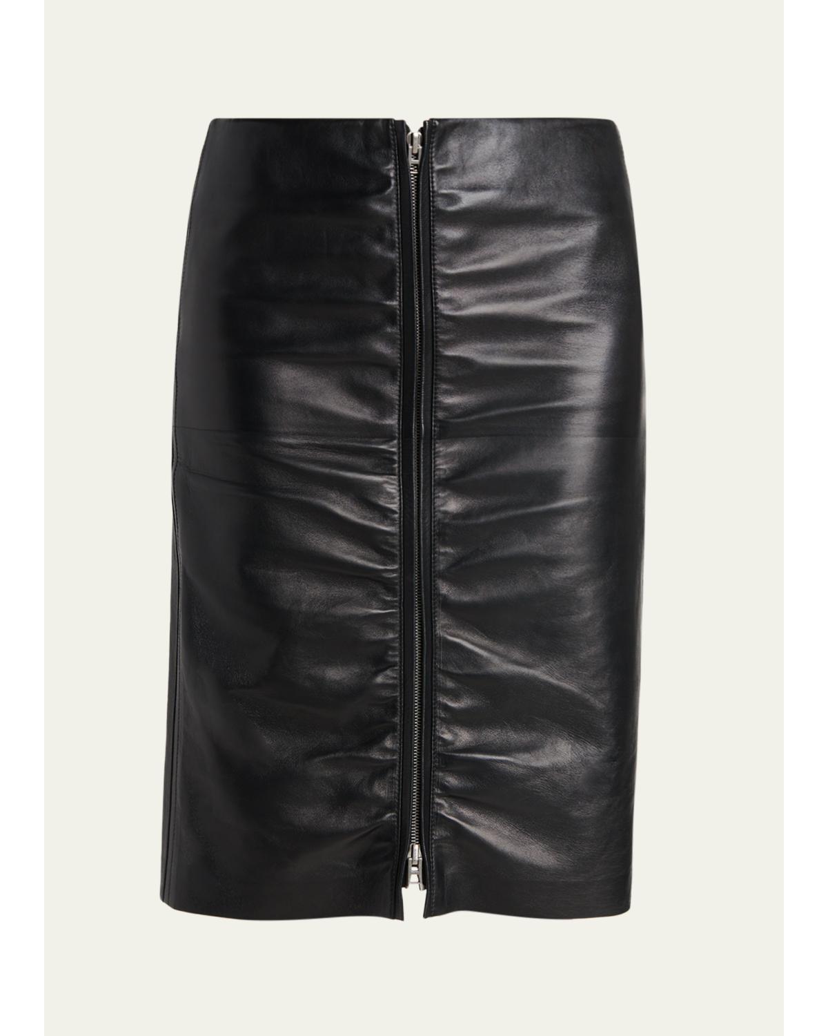 Ruched Leather Zip-Front Skirt