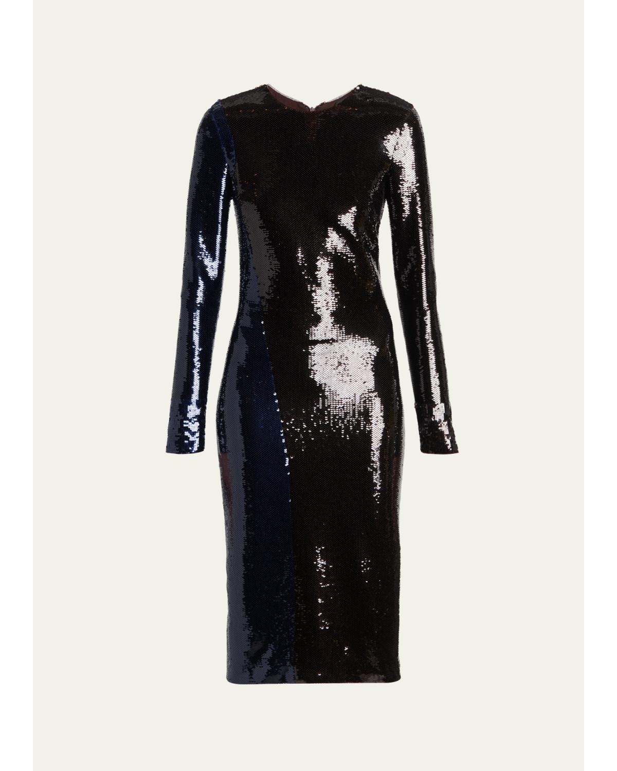 Sequined Long-Sleeve Midi Dress