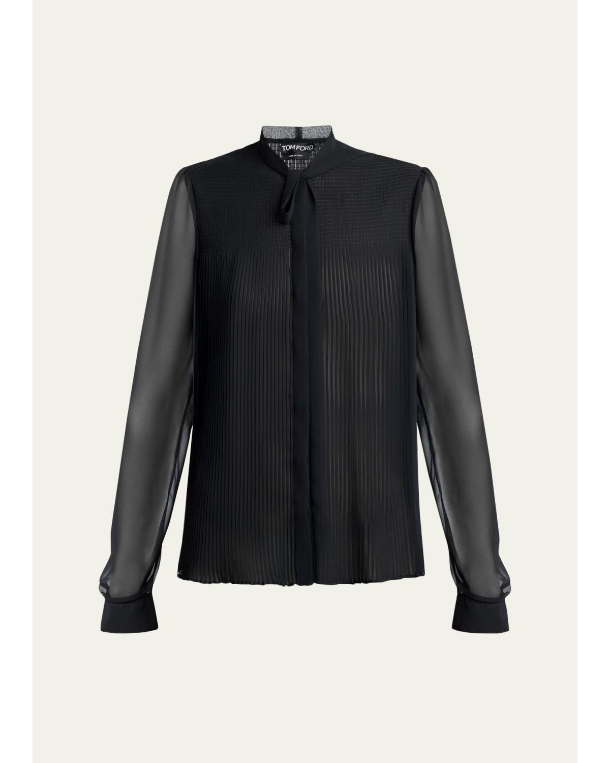 Chiffon Plisse Neck-Tie Blouse