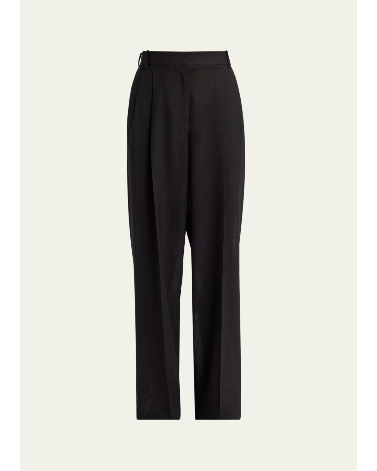 Double-Pleated Wool Straight-Leg Trousers