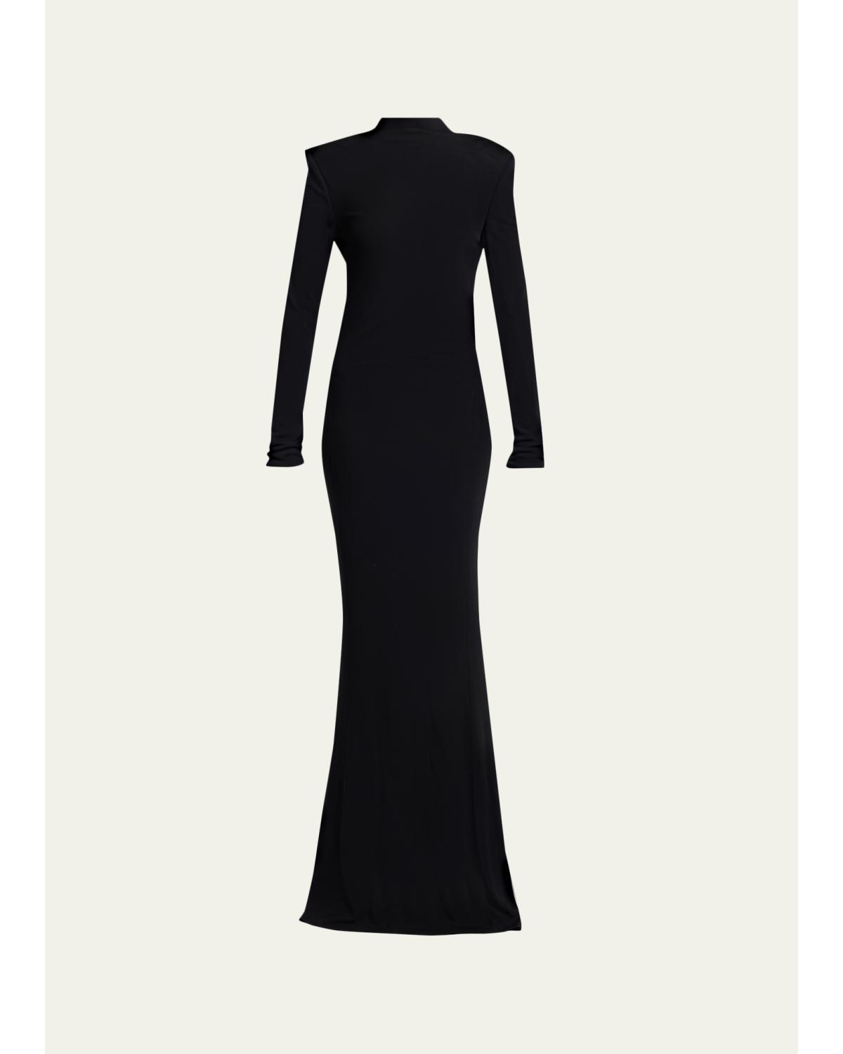 Mock-Neck Strong-Shoulder Cutout Gown