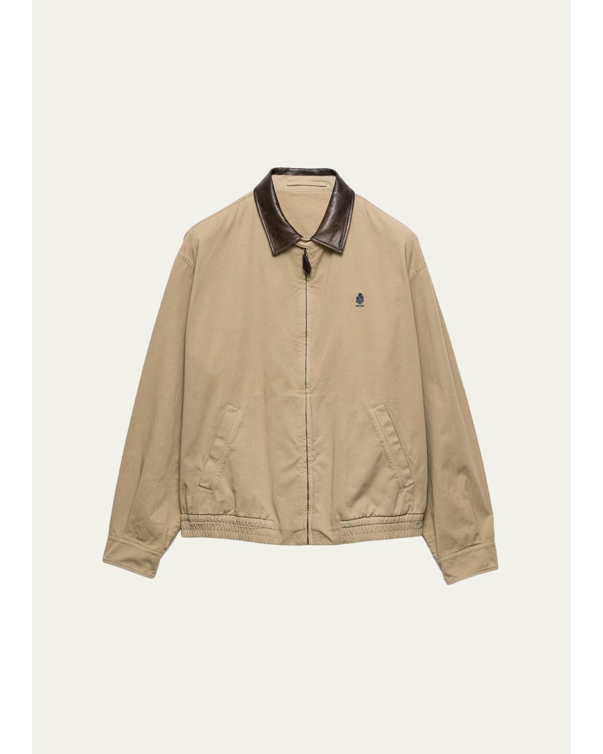 Men'S Old Gabardine Leather-Collar Full-Zip Jacket