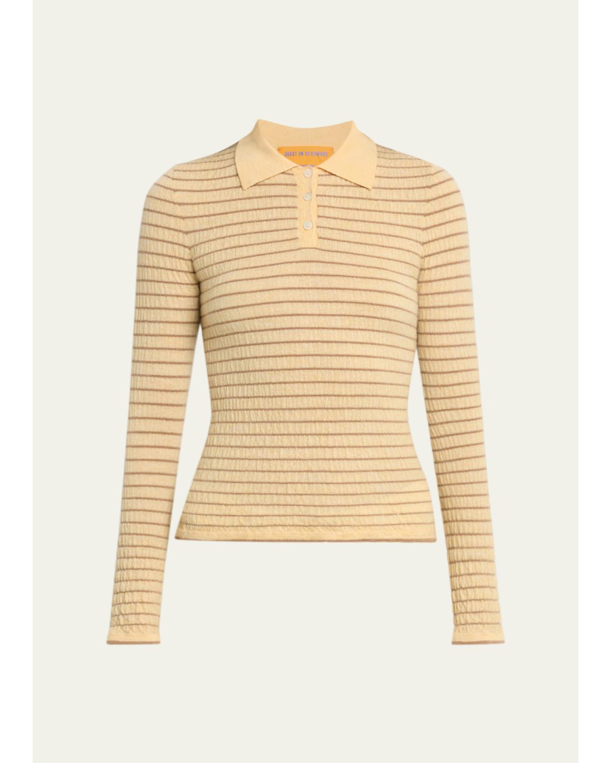 Smocked Striped Long-Sleeve Polo