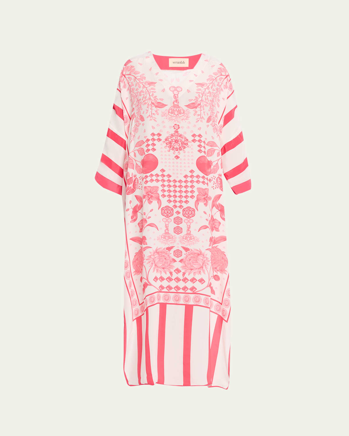 Verandah Drawstring Maxi Kaftan Coverup In Ivory And Pink