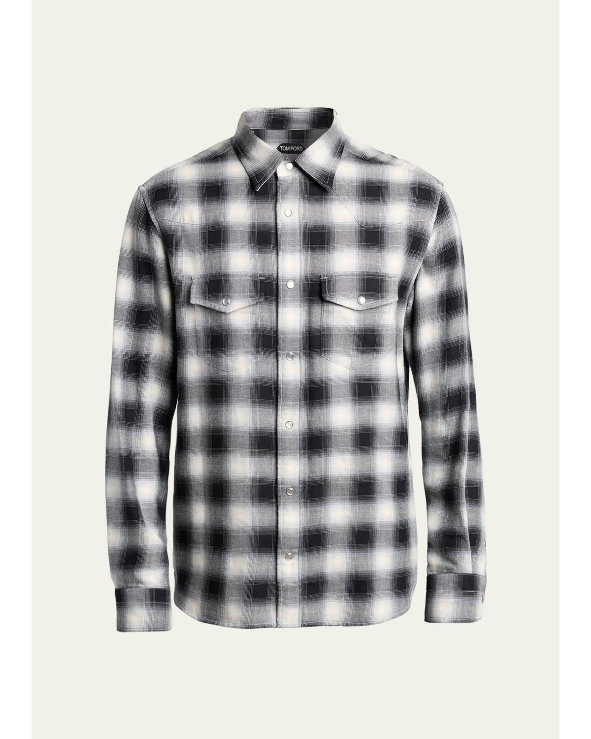 Men'S Cotton And Cashmere Check Snap-Front Western Shirt