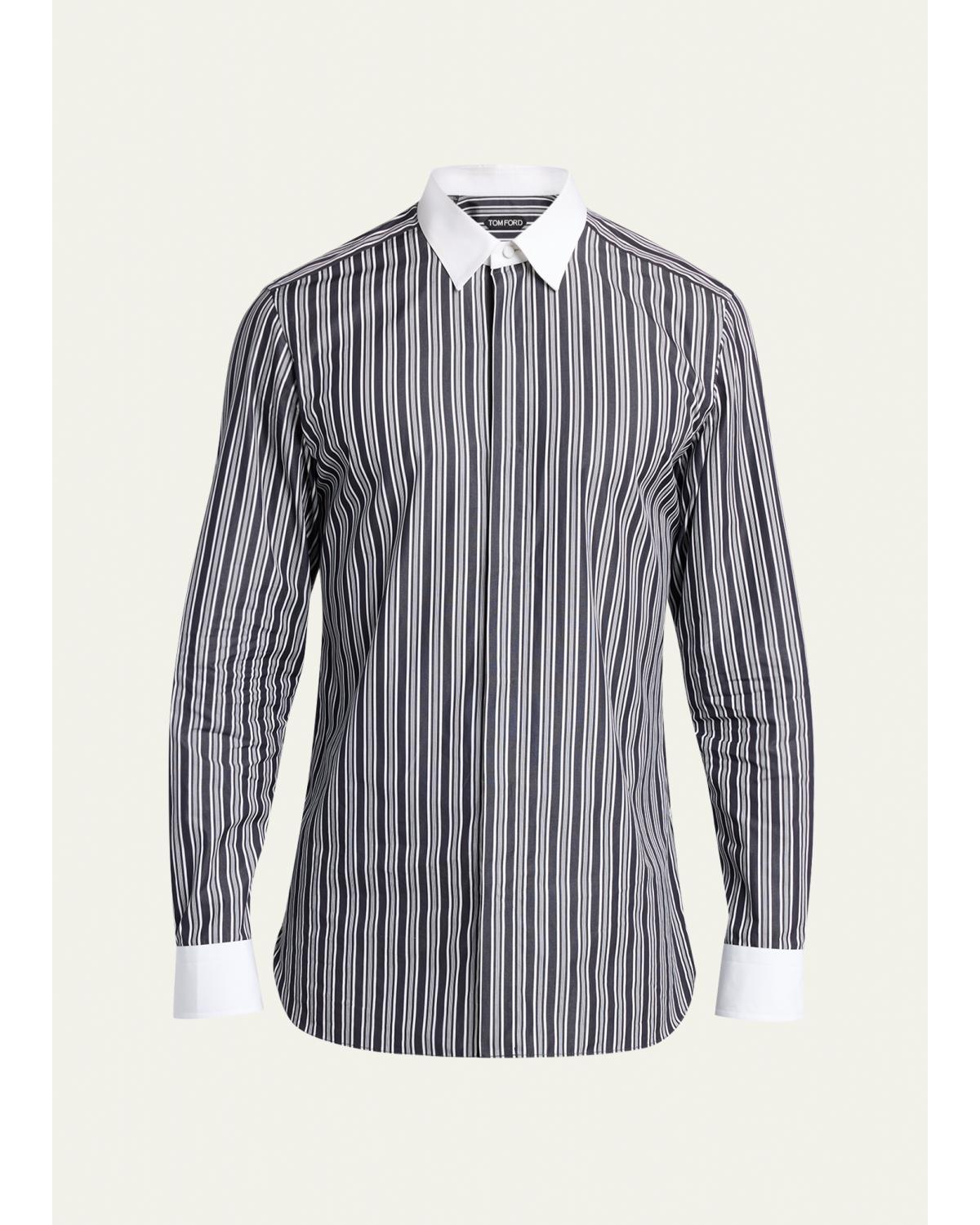 Men'S Cotton Multi-Stripe Contrast-Trim Sport Shirt