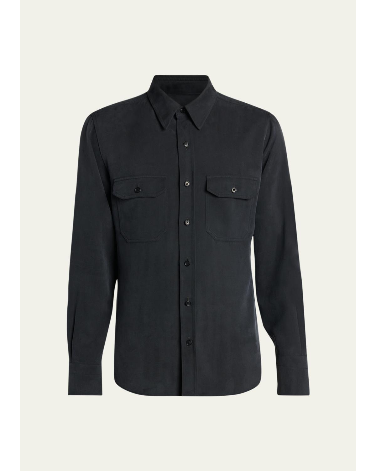 Men'S Silk Twill Flap Pocket Button-Down Shirt