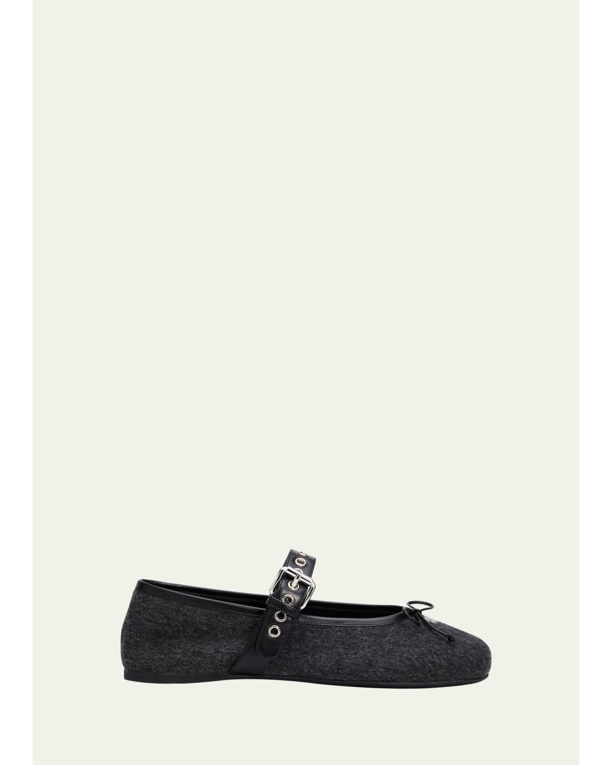 Flannel Leather-Strap Ballerina Flats